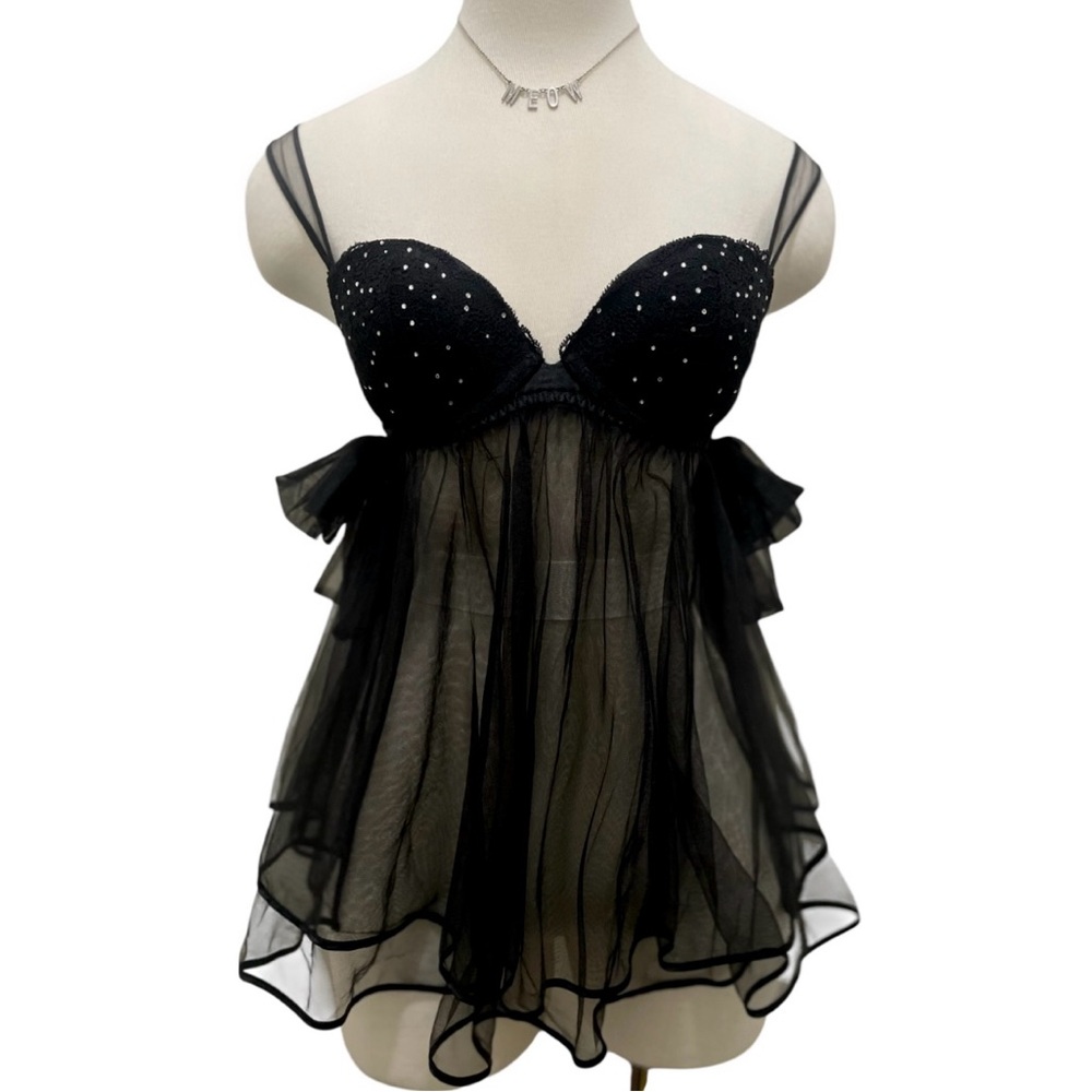 Black Sheer Babydoll Top with Rhinestones